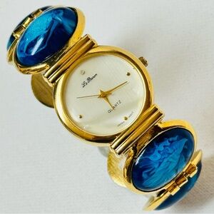 Vintage LeBaron Mother Of Pearl Blue Marbled Cabochon Bracelet Womens Gold Watch